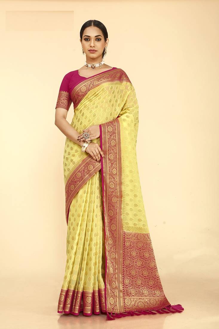 Yellow Color Stylish Indian Georgette Zari Weaving Mill Print Saree