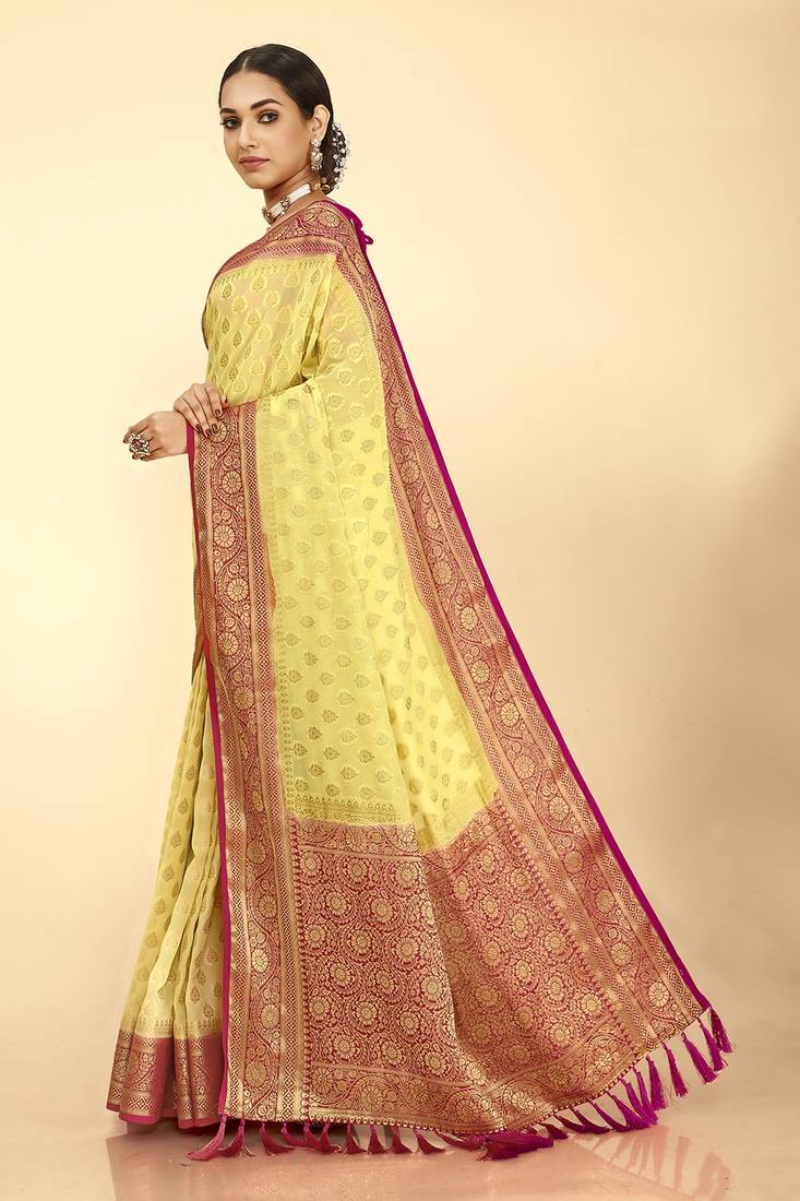 Yellow Color Stylish Indian Georgette Zari Weaving Mill Print Saree