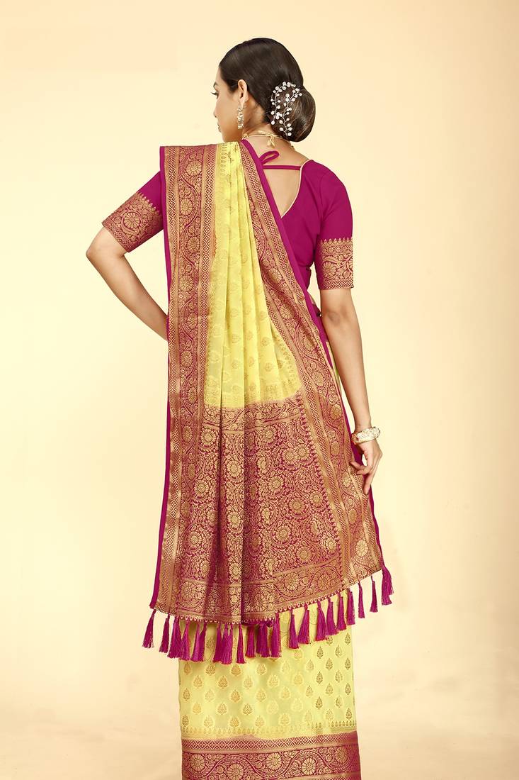 Yellow Color Stylish Indian Georgette Zari Weaving Mill Print Saree