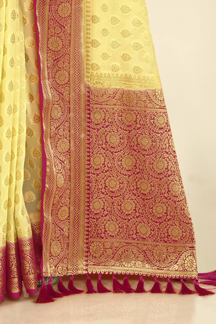 Yellow Color Stylish Indian Georgette Zari Weaving Mill Print Saree
