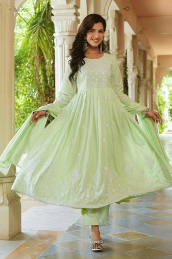  green embroidered fit and flare kurta trouser and dupatta set