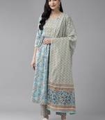 blue cotton printed kurta dupatta set