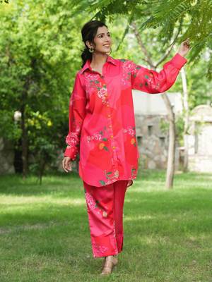 pink floral print shirt and trouser co ords 1