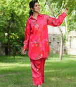 pink floral print shirt and trouser co ords