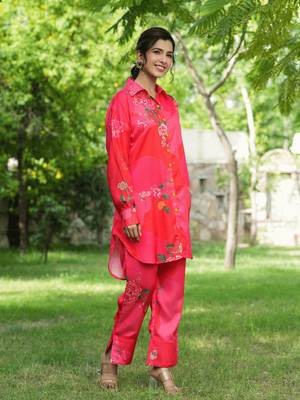 pink floral print shirt and trouser co ords 2