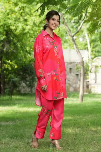 pink floral print shirt and trouser co ords