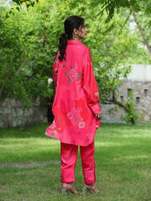 pink floral print shirt and trouser co ords 3
