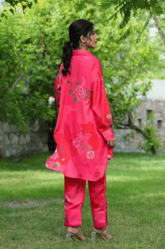 pink floral print shirt and trouser co ords