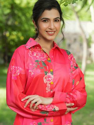 pink floral print shirt and trouser co ords 4