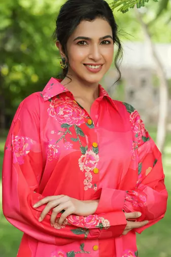 pink floral print shirt and trouser co ords