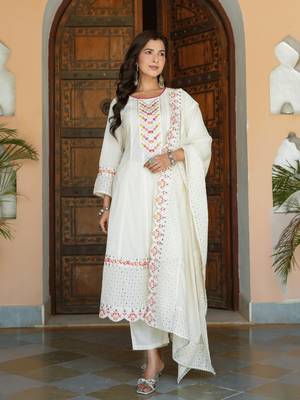 Yufta women cream schffli cut work anarkali kurta with trouser & dupatta 1