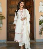 Yufta women cream schffli cut work anarkali kurta with trouser & dupatta