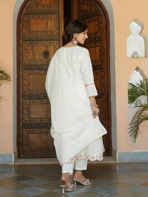 Yufta women cream schffli cut work anarkali kurta with trouser & dupatta 3