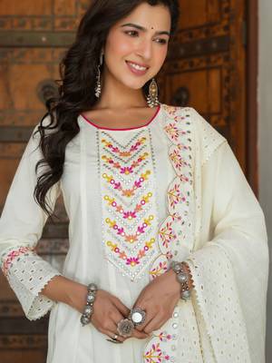 Yufta women cream schffli cut work anarkali kurta with trouser & dupatta 4