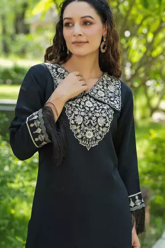 black embroidered shirt and trouser co ords