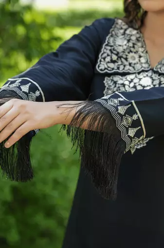 black embroidered shirt and trouser co ords