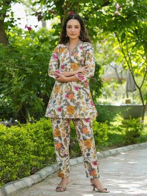white silk blend floral print co ords 1