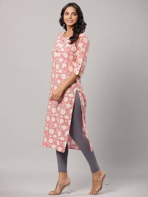 Yufta women pink floral print straight kurta 2