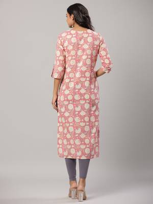 Yufta women pink floral print straight kurta 3