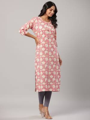 Yufta women pink floral print straight kurta 5