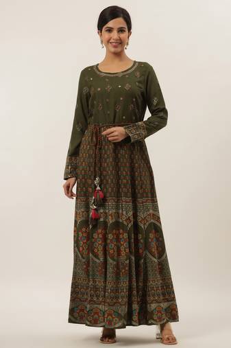 Yufta women green mirror work cotton maxi dress