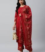 Yufta women maroon and golden pure cotton solid kurta with palazzos and dupatta