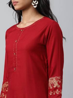 Yufta women maroon and golden pure cotton solid kurta with palazzos and dupatta 4