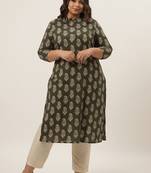 Yufta women olive green & off white ethnic motifs printed pure cotton kurta with palazzos