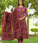  maroon ethnic motifs aari work kurta with trousers & dupatta