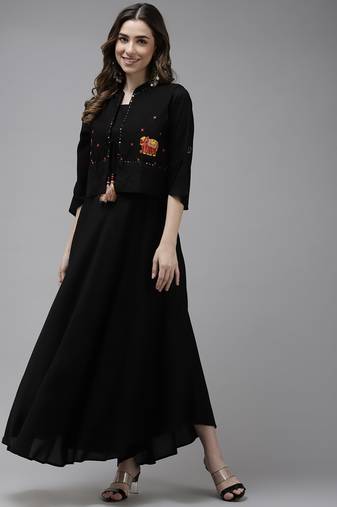 black solid ethnic a-line midi dress with jacket