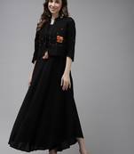 black solid ethnic a-line midi dress with jacket