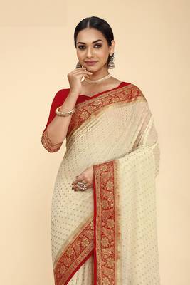 CREAM COLOR STYLISH INDIAN GEORGETTE ZARI WEAVING MILL PRINT SAREE 1