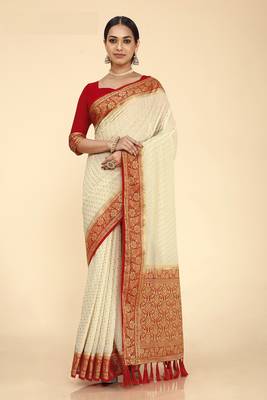 CREAM COLOR STYLISH INDIAN GEORGETTE ZARI WEAVING MILL PRINT SAREE 2