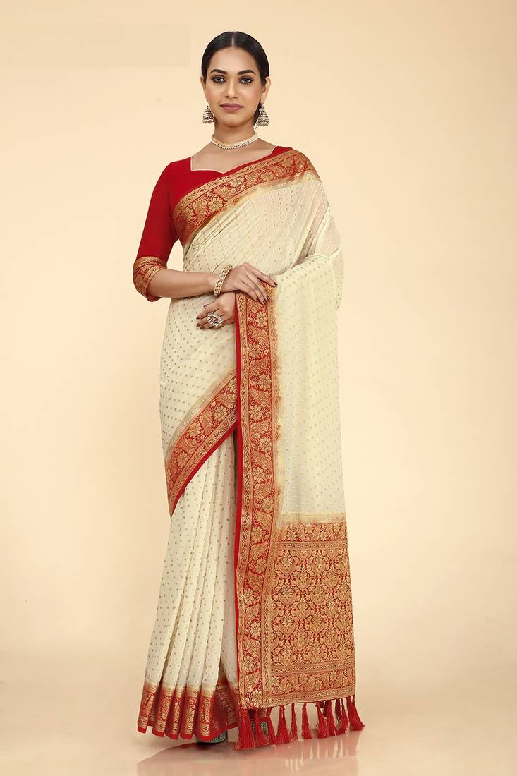 CREAM COLOR STYLISH INDIAN GEORGETTE ZARI WEAVING MILL PRINT SAREE