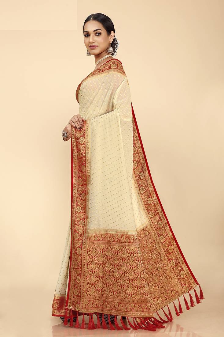 CREAM COLOR STYLISH INDIAN GEORGETTE ZARI WEAVING MILL PRINT SAREE