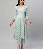 A line printed cotton v neck kurta with lace detailing paired with self striped pant.