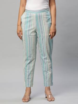 A line printed cotton v neck kurta with lace detailing paired with self striped pant. 5