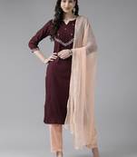  maroon and peach solid straight kurta trouser and dupatta set