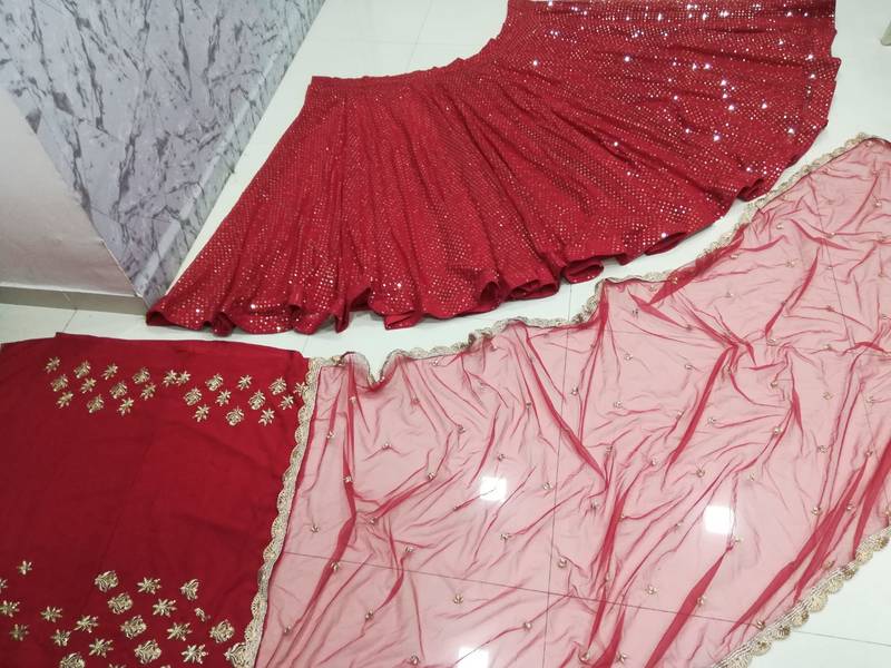 Dark Red Sequins And Zari Embroidered Georgette Semi Stitched Lehenga