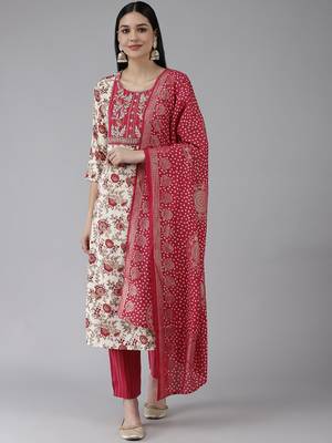 Yufta women cream digital print straight kurta trousers and dupatta set 1
