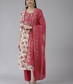 Yufta women cream digital print straight kurta trousers and dupatta set