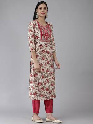 Yufta women cream digital print straight kurta trousers and dupatta set 2