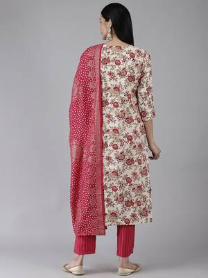Yufta women cream digital print straight kurta trousers and dupatta set 3
