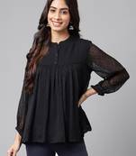 Janasya women's black dobby chiffon solid empire top