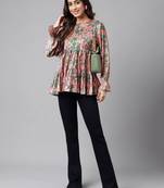 Janasya women's pink satin digital floral printed flared top