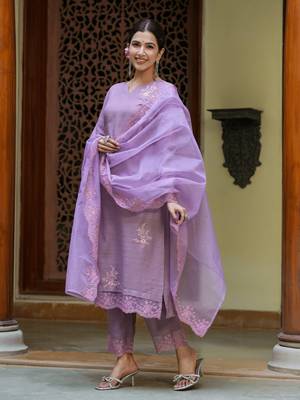 women purple embroidered straight kurta trouser and dupatta set 1