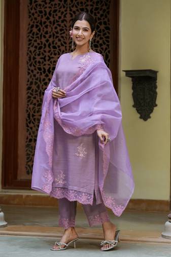 women purple embroidered straight kurta trouser and dupatta set