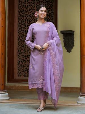 women purple embroidered straight kurta trouser and dupatta set 2