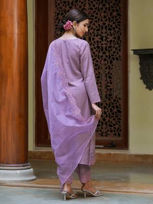 women purple embroidered straight kurta trouser and dupatta set 3