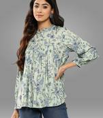 Janasya women's light green crepe digital print empire top